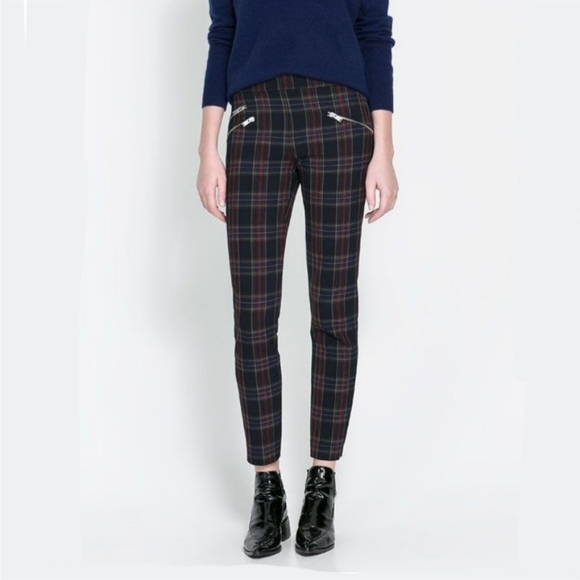 NWOT Zara Checkered Skinny Trousers with Zip - Picture 2 of 8